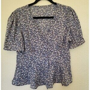 Shein Floral Peplum Button Down Blouse Short Sleeve V Neck Casual  Office Large